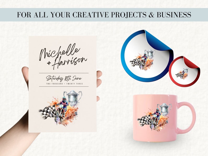 May include: A wedding invitation with a watercolor illustration of a motorcycle racer crossing the finish line with a trophy. The text on the invitation reads "Michelle + Harrison, Saturday 10th June, Two Thousand Twenty Three."