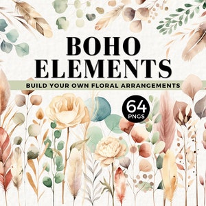 Clipart fleurs bohèmes, éléments floraux rustiques, plume, herbe de la pampa, feuille d'eucalyptus, or, neutre, papeterie de mariage, enterrement, 060SS