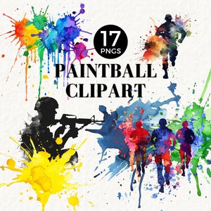 Puede incluir: Un conjunto de 17 imágenes de clipart digital que presentan salpicaduras de pintura de acuarela y siluetas de personas jugando al paintball. El texto "PAINTBALL CLIPART" aparece en el centro de la imagen.
