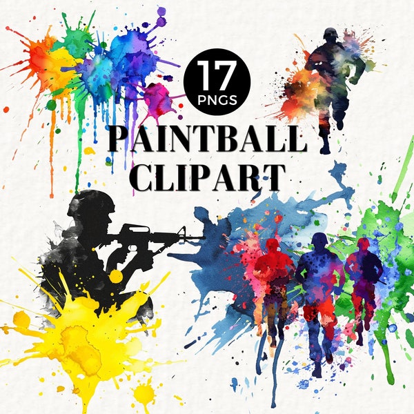 Paintball Clipart Watercolor PNG, Paint Splatter, Paintball Player PNG, Party Invite Graphics, Silhouette, Teen Boy Birthday, 072SS