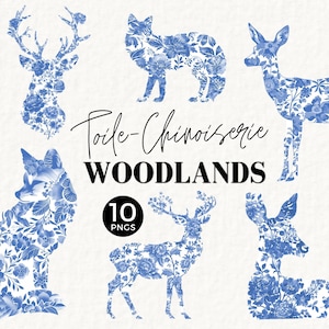 Blauwe toile-clipart, bosdieren, toile de jouy png, chinoiserie, aquarel, vos, commercieel gebruik, vintage, kinderkamer, babyshower 076SS