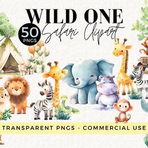 Aquarel safari dieren clipart, Wild One transparante PNG, commercieel gebruik toegestaan, afdrukbaar, kunst aan de muur kinderkamer, zebra, leeuw, aap, 016SS