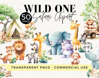 Watercolor Safari Animals Clipart, Wild One Transparent PNG, Commercial Use Allowed, Printable, Nursery Wall Art, Zebra, Lion, Monkey, 016SS