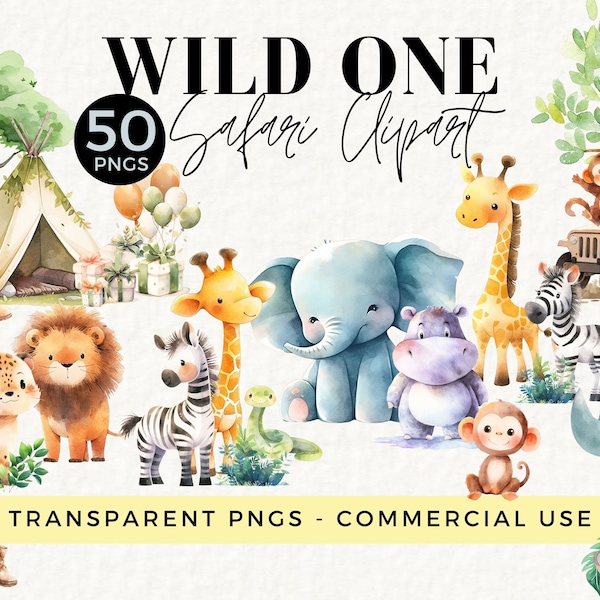 Watercolor Safari Animals Clipart, Wild One Transparent PNG, Commercial Use Allowed, Printable, Nursery Wall Art, Zebra, Lion, Monkey, 016SS
