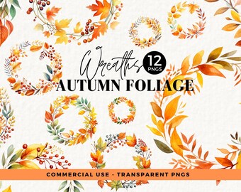 Autumn Foliage Wreath Clipart, Fall Leaves PNG, Autumn Leaves, Boho Flower, Commercial Use, Orange Thanksgiving Holiday Decor, 041SS