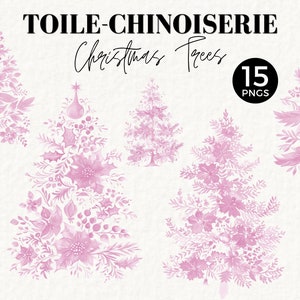 Różowy Toile Christmas Clipart, Chinoiserie Xmas Tree, Tag Illustration, Vintage French Toile De Jouy, Junk Journal Ephemera Graphics, 077SS