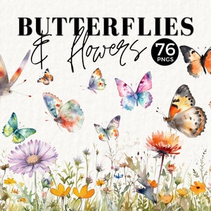 Schmetterlinge und Blumen Clipart Bundle, Aquarell Wildblumen, Schmetterling, Wiese, Frühling, Junk Journal, kommerzielle Nutzung, PNG, 020SS