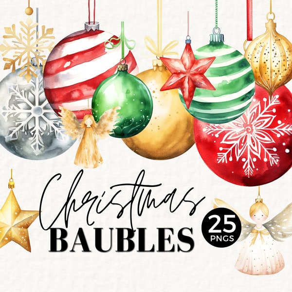 Christmas Baubles Clipart, Watercolor PNG, Xmas Balls Decoration, Printable Clipart Christmas Ornaments, Commercial Use, Gold, 044SS