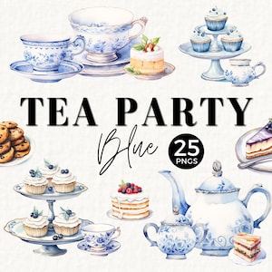 Bleu thé tasse Clipart PNG, service à thé vintage, argenterie, cadeau pour amateur de thé, sandwich au thé, gâteau, vintage anglais, tartelette, thé aux myrtilles, 053SS