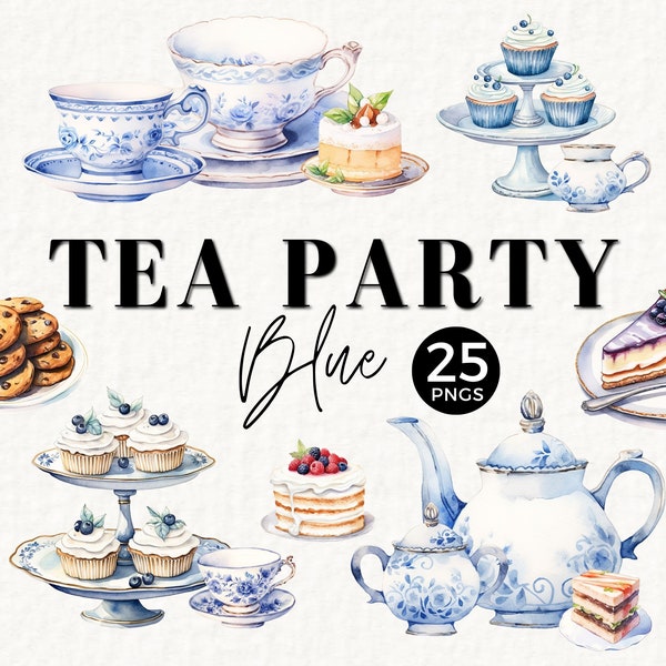 Blue Tea Cup Clipart PNG, Vintage Tea set, Silverware, Tea Lover Gift, High Tea Sandwich, Cake, English Vintage, Tart, Blueberry Tea, 053SS