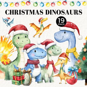 Può includere: Illustrazione ad acquerello con dinosauri natalizi con cappelli e sciarpe di Babbo Natale. L'immagine include un albero di Natale, regali e un vulcano. Il testo in alto recita "CHRISTMAS DINOSAURS" e "19 PNGS".
