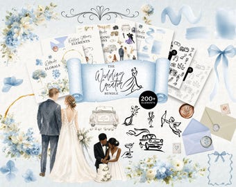 Dusty Blue Wedding Clipart Collection, Floral Hydrangeas, Watercolor Elements and Icons, Elegant Invitation Kit, Commercial Use, 101SS