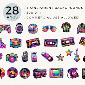 Puede incluir: Un conjunto de 28 ilustraciones digitales de estilo retro, que presentan una variedad de iconos de los a&ntilde;os 80 y 90, incluyendo una cinta de casete, una radiocasete, un pat&iacute;n, un cubo de Rubik, un videojuego, una patineta, un micr&oacute;fono, una c&aacute;mara, un par de gafas de sol, una bola de discoteca, un tel&eacute;fono, una consola de juegos, una guitarra, una estrella y una palmera. Las ilustraciones est&aacute;n todas en una paleta de colores vibrantes con un efecto hologr&aacute;fico.