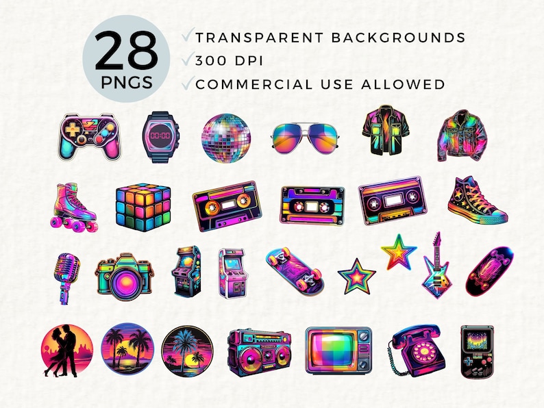 Puede incluir: Un conjunto de 28 ilustraciones digitales de estilo retro, que presentan una variedad de iconos de los a&ntilde;os 80 y 90, incluyendo una cinta de casete, una radiocasete, un pat&iacute;n, un cubo de Rubik, un videojuego, una patineta, un micr&oacute;fono, una c&aacute;mara, un par de gafas de sol, una bola de discoteca, un tel&eacute;fono, una consola de juegos, una guitarra, una estrella y una palmera. Las ilustraciones est&aacute;n todas en una paleta de colores vibrantes con un efecto hologr&aacute;fico.