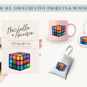 Puede incluir: Un conjunto de favores de boda personalizables con un dise&ntilde;o de cubo de Rubik 3D colorido. El conjunto incluye una taza, una bolsa de mano, una etiqueta de regalo y una invitaci&oacute;n de boda.