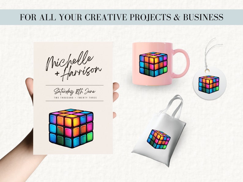 Puede incluir: Un conjunto de favores de boda personalizables con un dise&ntilde;o de cubo de Rubik 3D colorido. El conjunto incluye una taza, una bolsa de mano, una etiqueta de regalo y una invitaci&oacute;n de boda.
