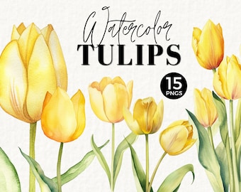 Tulip Floral Clipart Watercolor Flowers, Commercial Use, Yellow Clip Art, Spring Wedding Stationery, PNG, Bouquet, Bridal Shower, 025SS