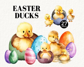 Easter Duck Clipart, Ducklings in Colored Eggs, Spring Illustration, Baby Boy or Girl Shower, Commercial Use, Junk Journal, Yellow, 062SS