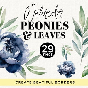 Peony Floral Border Set, Watercolor Flowers, Navy, Digital Clipart PNG, DIY floral border, Wedding Stationery Clipart, Baby Shower, 025SS