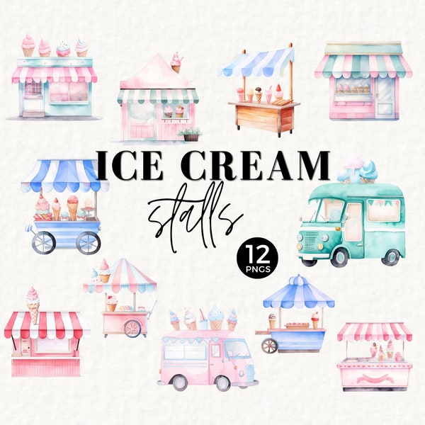 Cute Little Ice Cream Shop Clipart, Ice Cream Stand, Retro Clipart, Kawaii, Ice Cream Shop Pretend Play, Ice Cream Party, Truck, 037SS