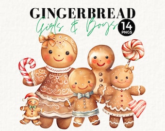 May include: A set of five gingerbread people, including a girl with a candy cane, a boy with a lollipop, and three other gingerbread people. The gingerbread people are all smiling and have brown eyes. The background is white.
