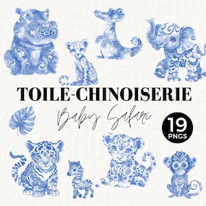 Safari Toile Baby Shower Clipart, Blue Toile De Jouy PNG, Chinoiserie Jungle Animals, Watercolor, Commercial Use, Vintage, Nursery, 076SS