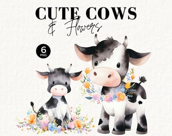 May include: Two cute cartoon cows with black and white spots, one standing and one sitting, surrounded by colourful flowers. The standing cow has a floral wreath around its neck. The text "Cute Cows & Flowers" is at the top of the image.