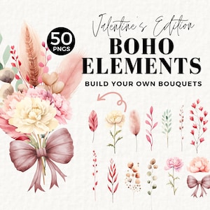 Bohobloemen clipart rustieke bloemen, roze boeket, bloemenrand, boho boeketelementen, bruiloft briefpapier, Valentijnsdag, png, 060SS