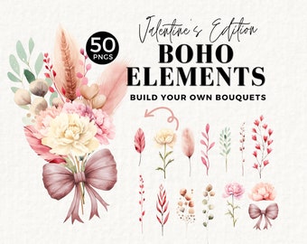 Boho Flowers Clipart Rustic Flowers, Pink Bouquet, Floral Border, Bohemian Bouquet Elements, Wedding Stationery, Valentines PNG, 060SS