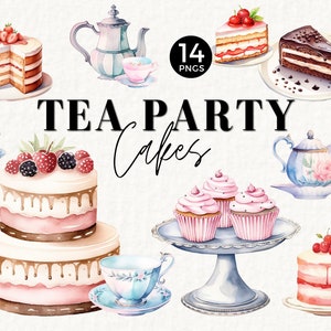 Clipart de bolo de festa de chá, festa de chá em aquarela, diário indesejado, primeiro aniversário, download instantâneo, criação de cartão, xícara de chá PNG, uso comercial 053SS