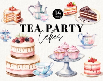 Tee-Party Kuchen Clipart, Aquarell Tee-Party, Junk-Journal, 1 Geburtstag, sofortiger Download, Kartenherstellung, kommerzielle Nutzung 053SS