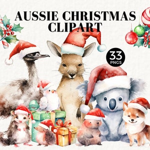 Clipart de Noël animal australien, Aussie, été, usage commercial pour décorations, POD, PNG mignon, bonnet de Noel, Koala, kangourou, Wombat, 044SS