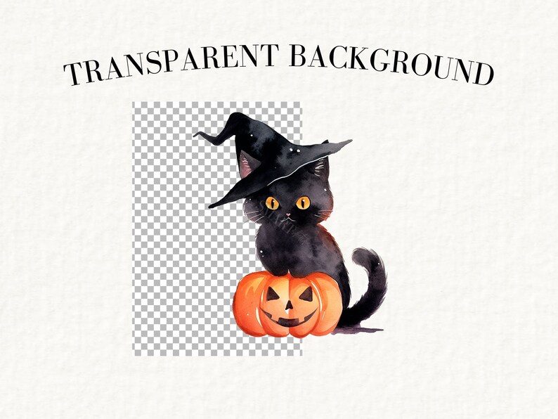 May include: A black cat wearing a witch's hat sits on a jack-o'-lantern pumpkin. The cat has yellow eyes and a black tail. The pumpkin has a carved face with a wide smile.