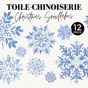 Clipart Bożonarodzeniowy Toile, Niebieskie Płatki Śniegu Chinoiserie, Sztuka Etykiet Prezentowych Bożonarodzeniowych, Vintage, Francuski Toile De Jouy, Grafika Ephemera Junk Journal, 077SS