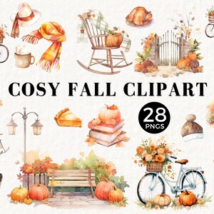Cozy Fall Clipart, Commercial Use, Pumpkin Clipart, Watercolor Autumn Clipart, Instant Digital Download, High Quality PNG Files, 041SS