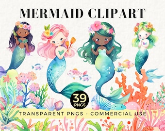 Meerjungfrau Aquarell Clipart, transparente PNG-Illustrationen, Unterwassergrafiken für die Meerjungfrau-Party, für kommerzielle Nutzung, druckbare Kunst, 015SS