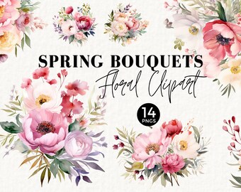 Floral Clipart Modern Wedding, Spring Wedding Bouquet PNG, Commercial Use, Peonies, Boho, Colorful, Rustic, Bridal Shower Decor, 052SS