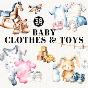 Babyparty Clipart-Pack, rosa, blau und neutral, Baby-Kleidung, Schaukelpferd, Holzspielzeug, Baby-Schuhe, Booties, Kleidung auf Peg Line, 051SS
