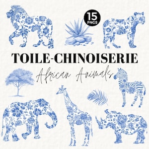 Blauwe safari toile clipart, toile de jouy png, chinoiserie jungle dieren, aquarel, commercieel gebruik, vintage, kinderkamer, babyshower 076SS