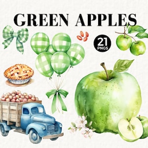 Conjunto de uso comercial de clipart de maçã verde, PNG transparente, chá de bebê maçã dos nossos olhos, decoração de primeiro aniversário, diários indesejados, torta de maçã, 010SS
