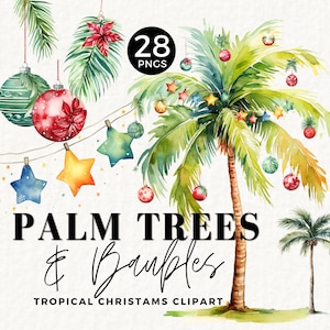 Clipart Noël plage, PNG Noël tropical, aquarelle de palmier, Noël en juillet, boule de Noël, guirlandes lumineuses, été, usage commercial, 054SS