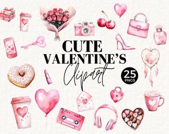 Söt Alla hjärtans dag Clipart, Retro Vintage, Söta rosa ikoner, Akvarell PNG, Kärleksdag, Galentiner, Skräpjournal, Hjärtform, Munk 060SS