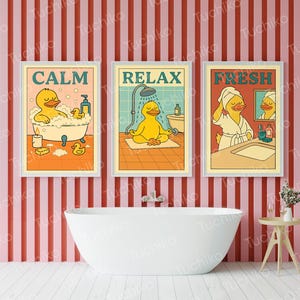 Zestaw plakatów do łazienki Calm Fresh Relax Duck – do wydrukowania sztuka ścienna do łazienki dla dzieci, zabawne cyfrowe wydruki z kaczką, urocze dekoracje łazienkowe