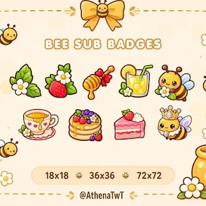 Könnte beinhalten: Eine Sammlung digitaler Abonnenten-Abzeichen zum Thema Bienen mit Illustrationen von Blättern, Erdbeeren, Honiglöffeln, Limonade, Bienen, Tee, Pfannkuchen und Kuchen. Der Text lautet BEE SUB BADGES, 18x18, 36x36, 72x72 und @AthenaTwT.