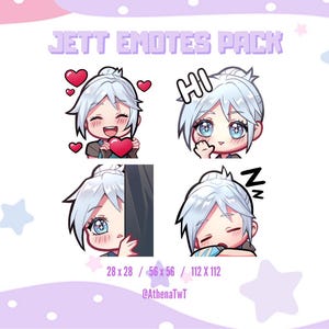 May include: A pack of four Jett emotes featuring a character with white hair and blue eyes. The emotes include expressions of love, greeting, peeking, and sleeping. The background is pastel pink and purple with star shapes. The sizes are 28 x 28, 56 x 56, and 112 x 112 pixels.