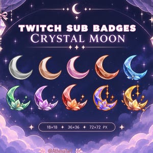 Pode incluir: Um conjunto de dez emblemas digitais de subscrição Twitch intitulados Crystal Moon, com designs de luas crescentes em várias cores, incluindo prata, bronze, rosa, azul, verde, roxo, vermelho e dourado, alguns adornados com flores de lótus de cristal.