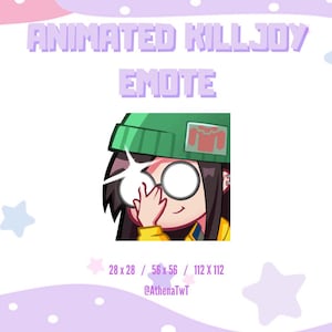 May include: Animated Killjoy Emote graphic featuring a cartoon character in a green beanie and glasses, winking. The text "ANIMATED KILLJOY EMOTE" is at the top. Image dimensions are listed below the graphic. The background is pink and white with star shapes.