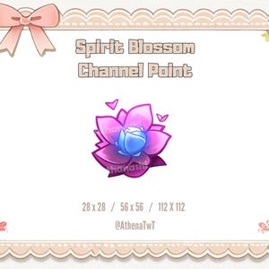 Könnte beinhalten: Digitale Illustration eines Spirit Blossom Channel Point. Das Bild zeigt eine stilisierte rosa und blaue Blume mit drei kleinen rosa Herzen. Der Text "Spirit Blossom Channel Point" wird über der Blume angezeigt.