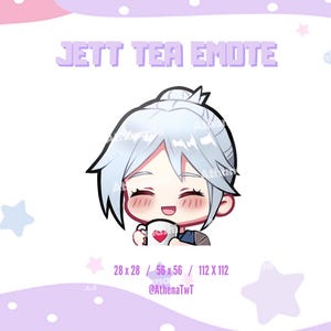 Könnte beinhalten: Digitale Illustration eines Charakters aus dem Spiel Valorant, der eine Tasse mit einem Herzen hält. Das Bild trägt die Aufschrift "JETT TEA EMOTE" in pixeligem Text. Der Hintergrund ist rosa und lila mit Sternen.