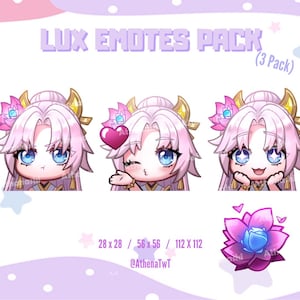 Puede incluir: Un paquete de arte digital con tres emotes de Lux, con cabello rosa, ojos azules y detalles dorados. Incluye un icono de flor de bonificación. El texto dice "LUX EMOTES PACK (3 Pack)" con dimensiones en píxeles y el nombre del artista.
